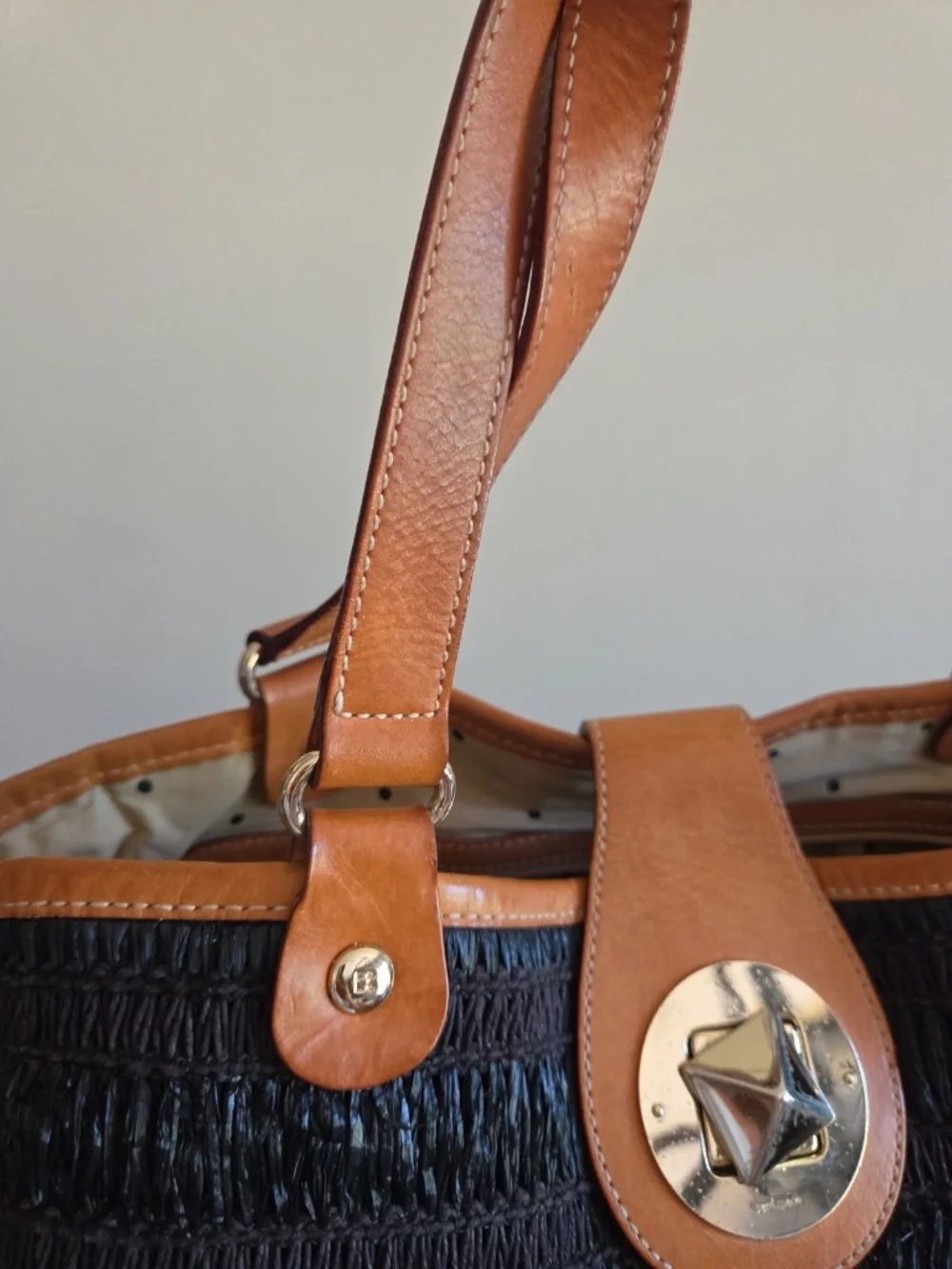 Vintage Kate Spade black straw purse handbag wooden bottom leather trim - Picture 8 of 12